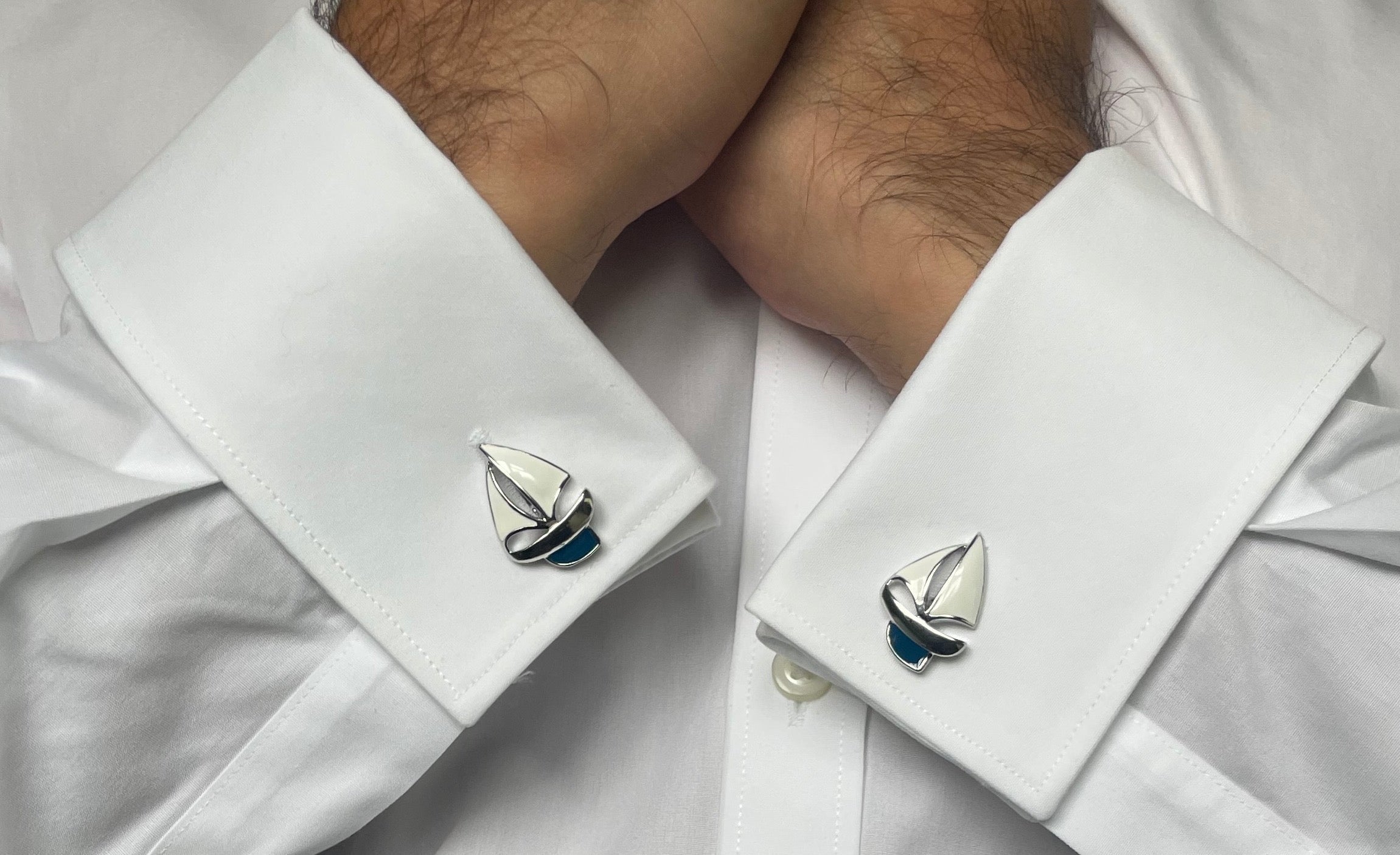 Silver, White and Blue Sailing Boat Cufflinks