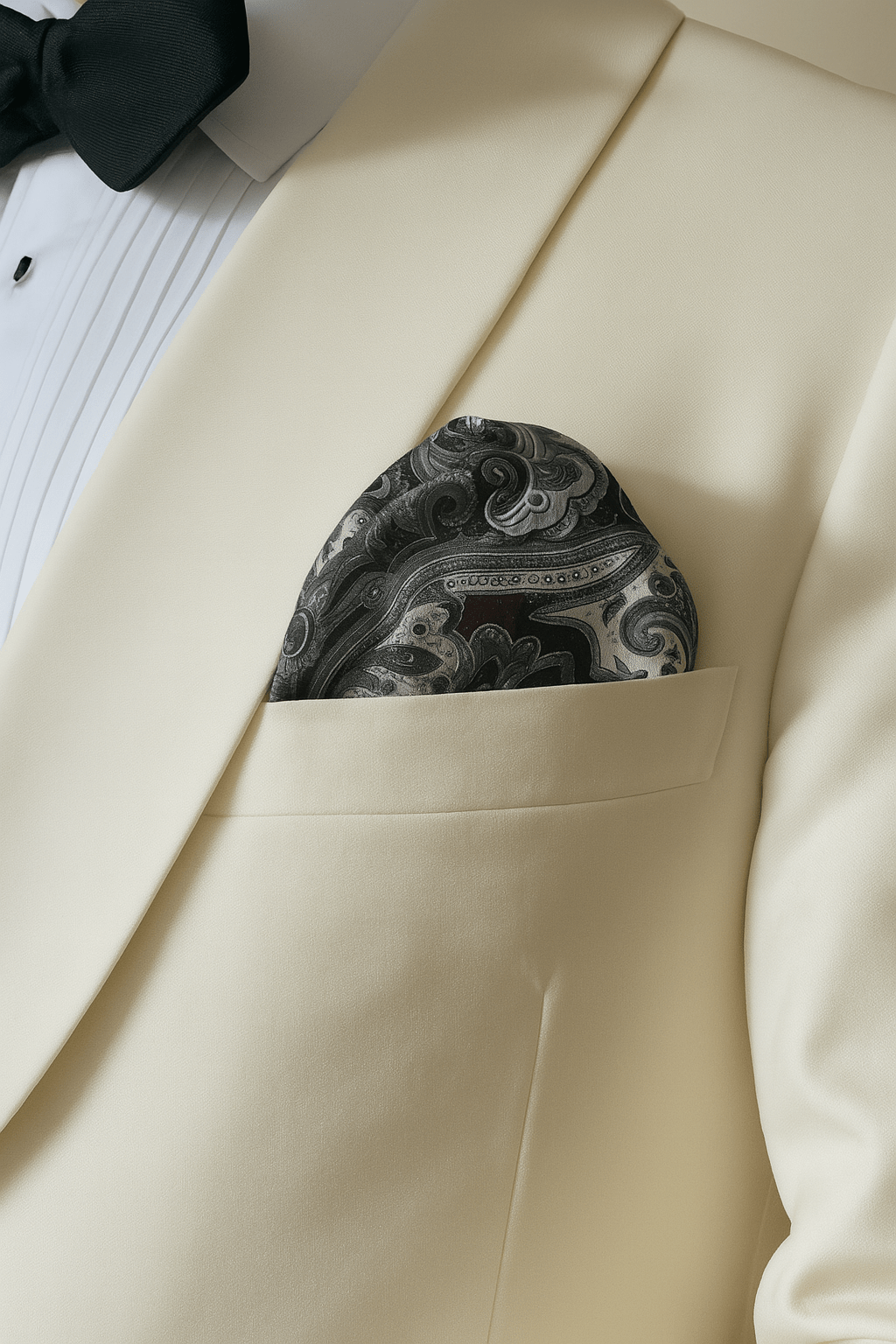 DAPPER ESSENTIALS - Black and White Paisley Pocket Square with Border - Classic Elegance
