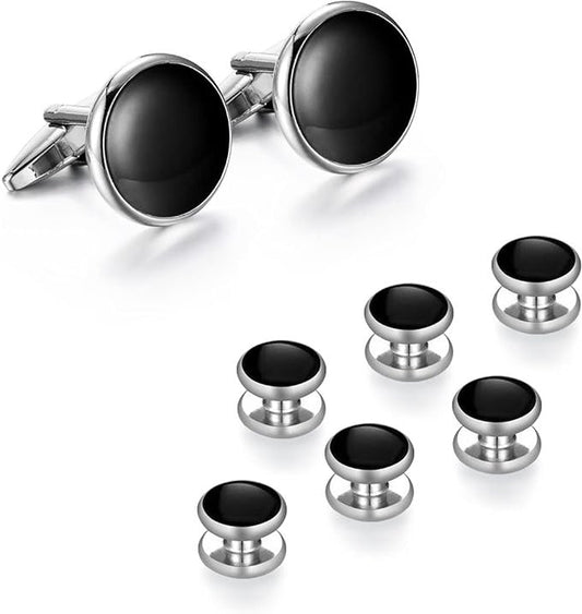 DAPPER ESSENTIALS - Black-tie shirt studs and matching cufflinks - Classic Black