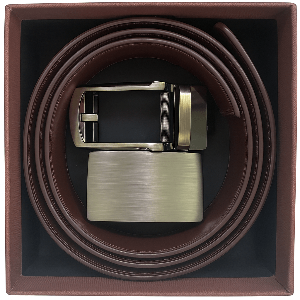 DAPPER ESSENTIALS - Premium Brown Leather Ratchet Belt with Two Buckles